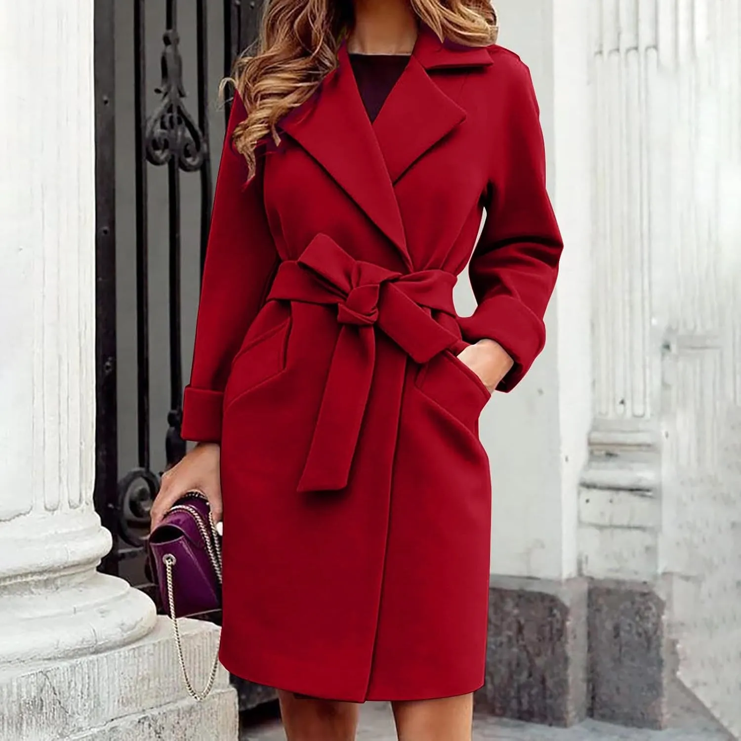 Womens Winter Pea Coat Notch Lapel Collar Long Sleeve Wool Coats Open Front Belted Owk Office Trench Coat Jacket