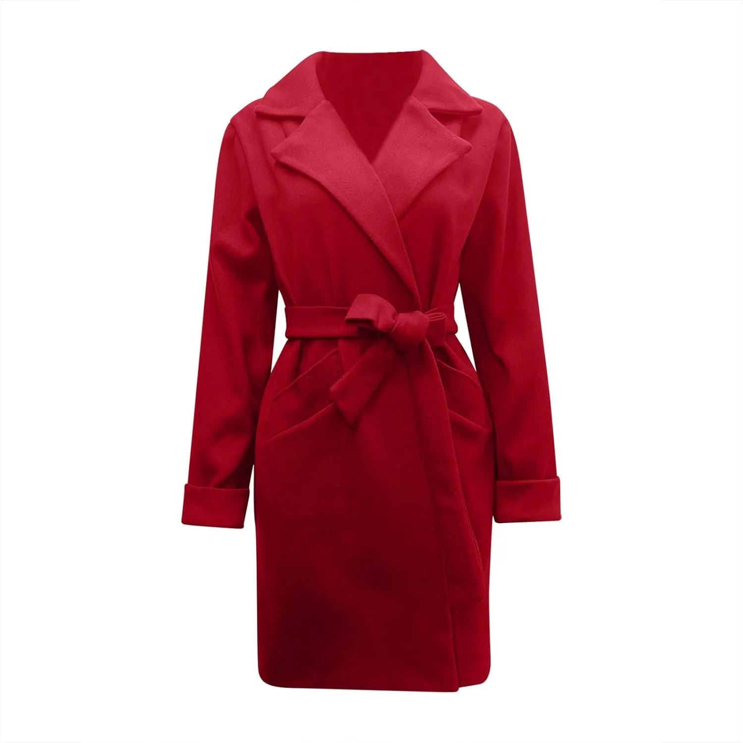 Womens Winter Pea Coat Notch Lapel Collar Long Sleeve Wool Coats Open Front Belted Owk Office Trench Coat Jacket
