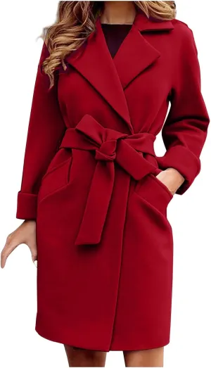 Womens Winter Pea Coat Notch Lapel Collar Long Sleeve Wool Coats Open Front Belted Owk Office Trench Coat Jacket