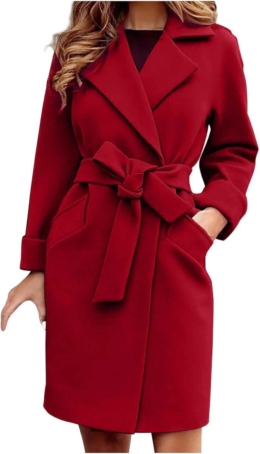 Womens Winter Pea Coat Notch Lapel Collar Long Sleeve Wool Coats Open Front Belted Owk Office Trench Coat Jacket