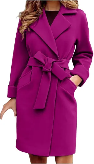 Womens Winter Pea Coat Notch Lapel Collar Long Sleeve Wool Coats Open Front Belted Owk Office Trench Coat Jacket