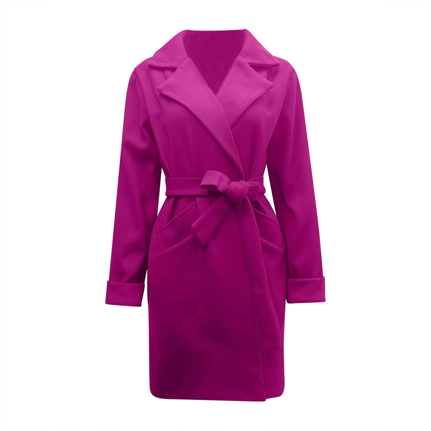 Womens Winter Pea Coat Notch Lapel Collar Long Sleeve Wool Coats Open Front Belted Owk Office Trench Coat Jacket