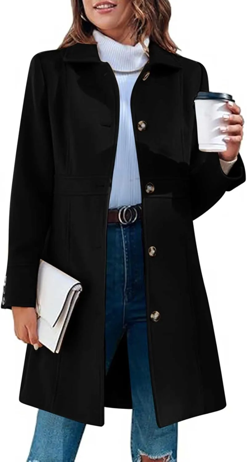 Women's Winter Peacoat Elegant Single Breasted Mid Length Trench Coat Overcoat Work Office Jackets with Pockets