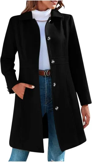 Women's Winter Peacoat Elegant Single Breasted Mid Length Trench Coat Overcoat Work Office Jackets with Pockets