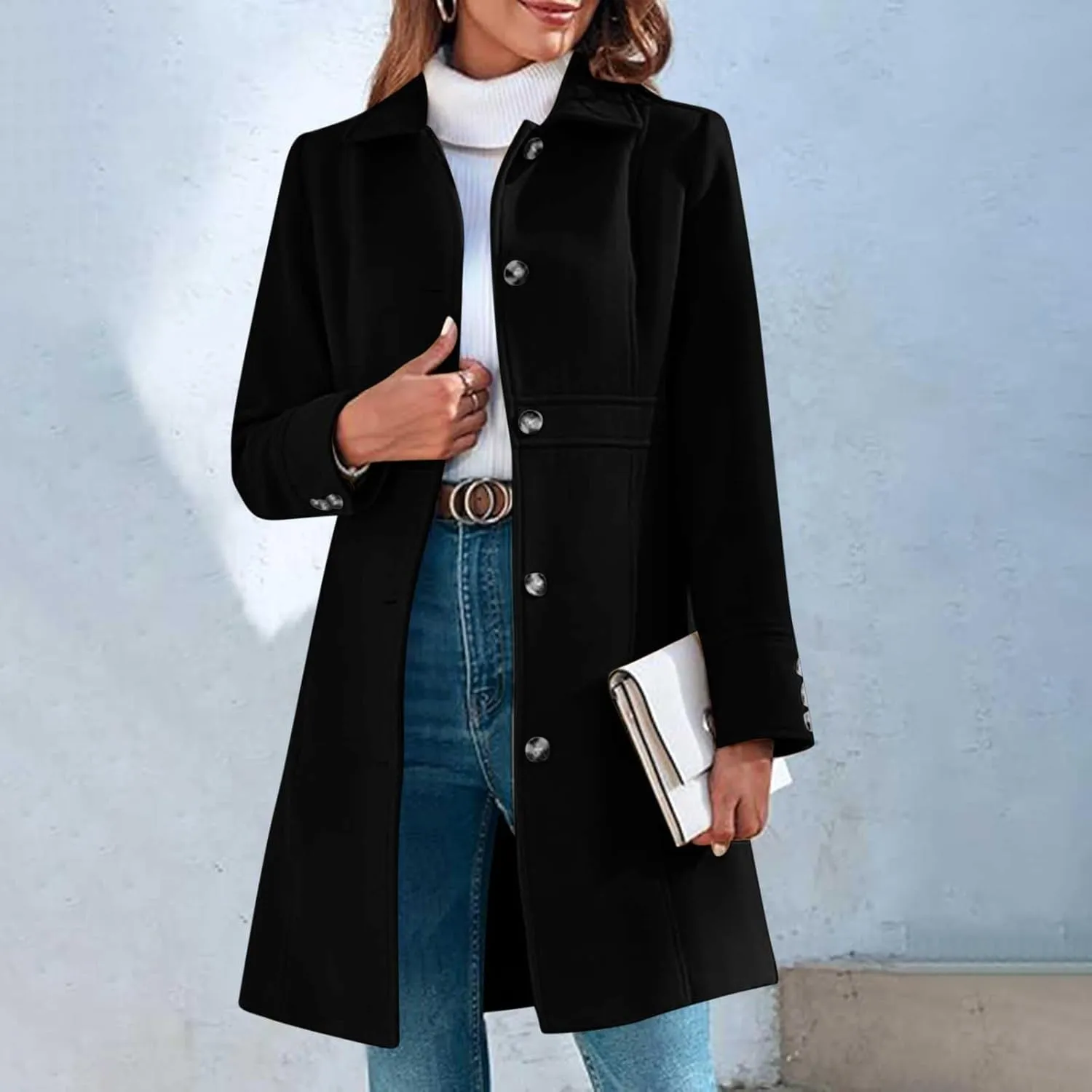 Women's Winter Peacoat Elegant Single Breasted Mid Length Trench Coat Overcoat Work Office Jackets with Pockets