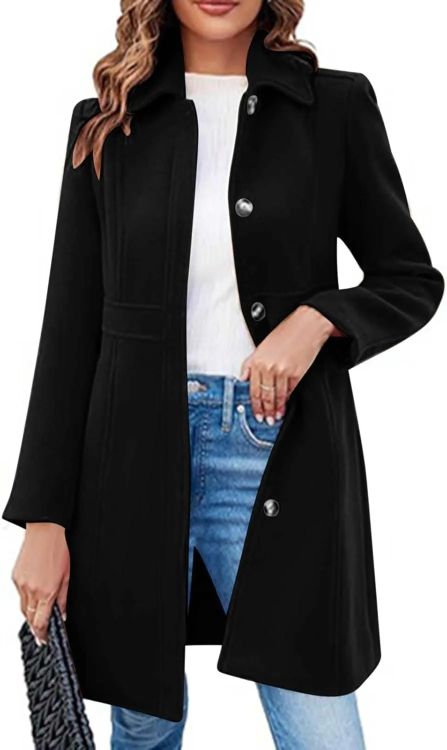 Women's Winter Peacoat Elegant Single Breasted Mid Length Trench Coat Overcoat Work Office Jackets with Pockets