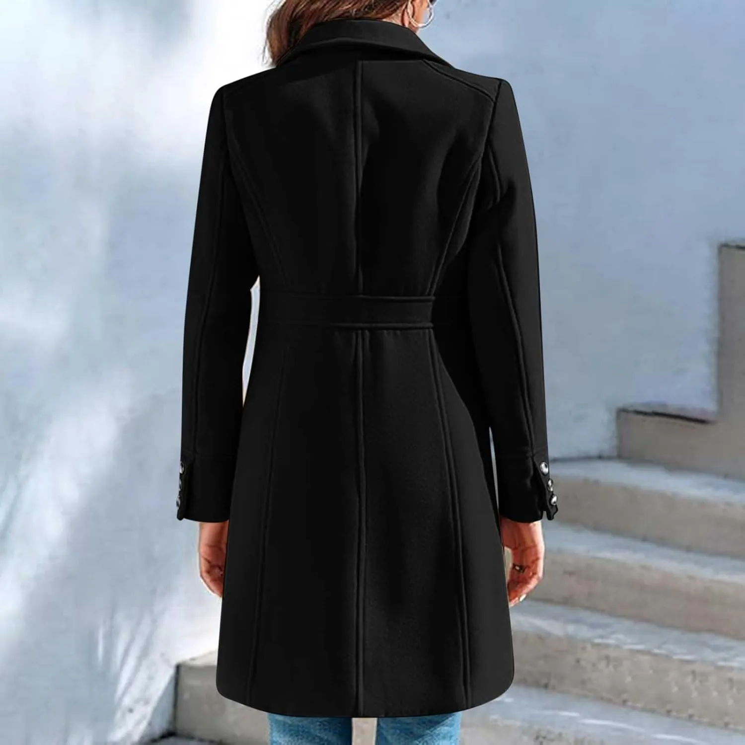 Women's Winter Peacoat Elegant Single Breasted Mid Length Trench Coat Overcoat Work Office Jackets with Pockets