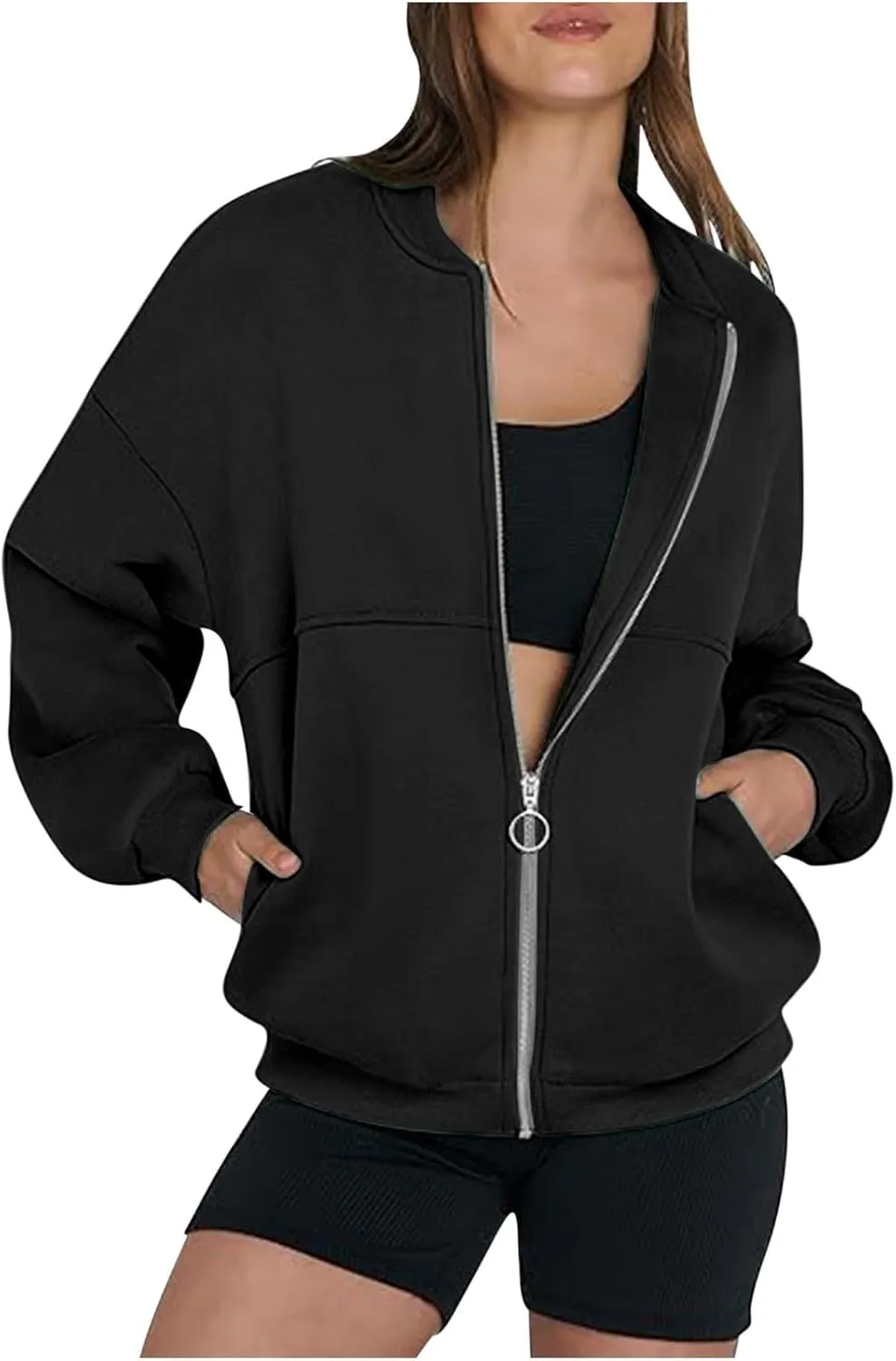 Women's Zip Up Oversized Hoodies Fall Long Sleeve Crewneck Sweatshirts Fleece Lined Loose Pullover Tops Jackets 2024