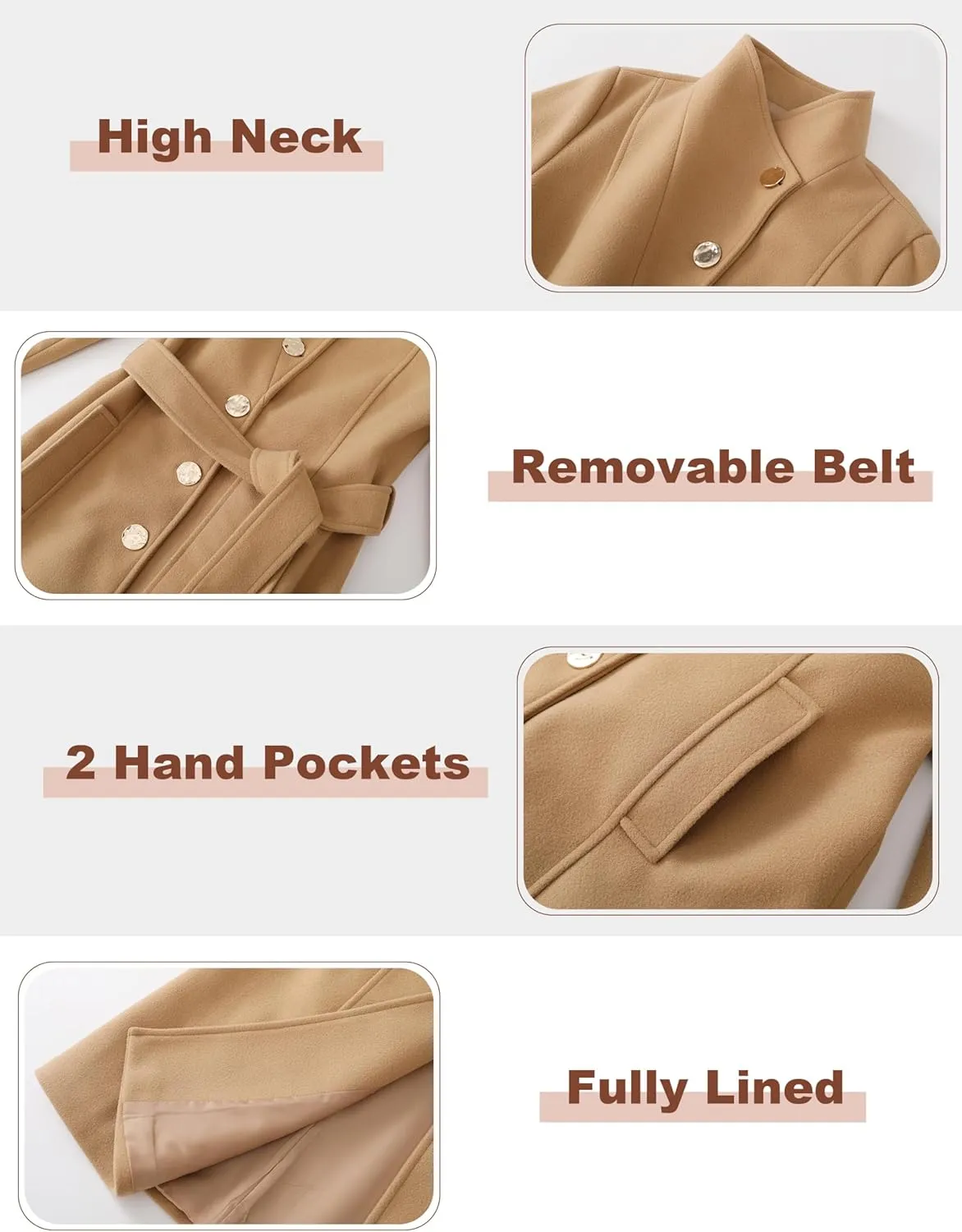 Wool Coats for Women Winter Long Pea Coats Stand Collar Single Breasted Trench Coat with Belt