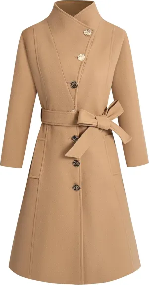 Wool Coats for Women Winter Long Pea Coats Stand Collar Single Breasted Trench Coat with Belt