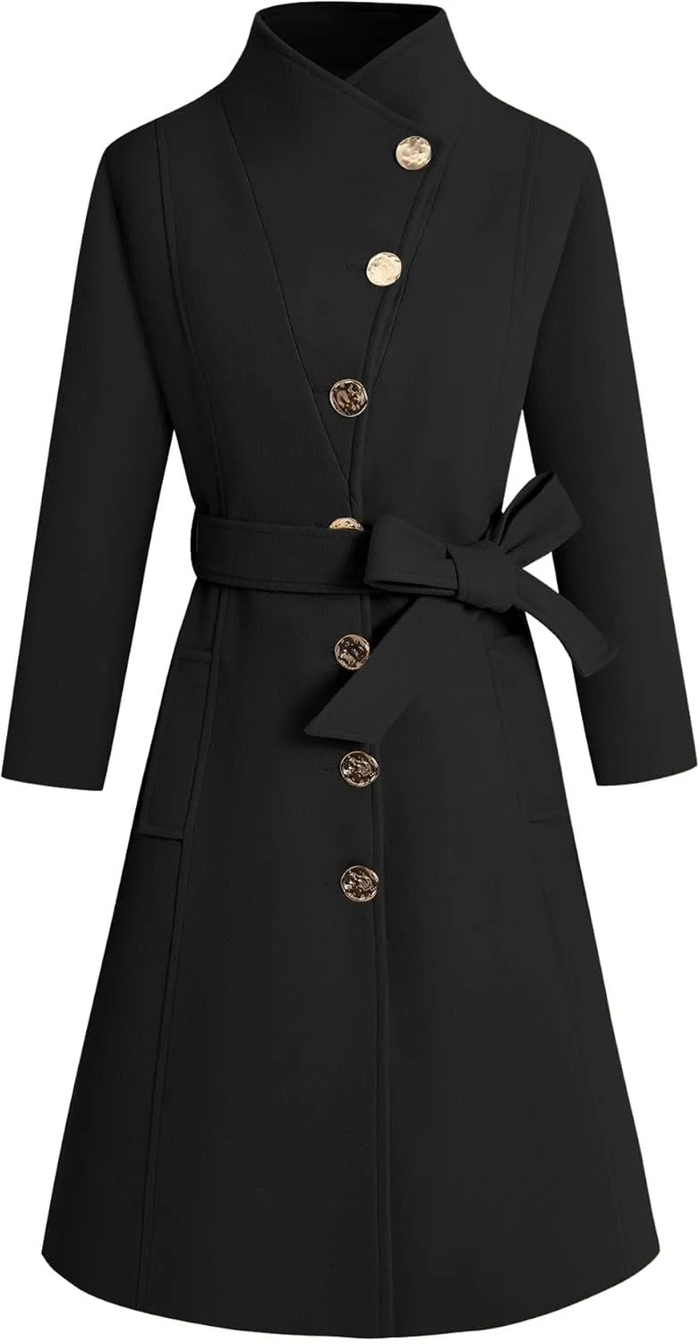 Wool Coats for Women Winter Long Pea Coats Stand Collar Single Breasted Trench Coat with Belt