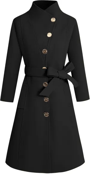 Wool Coats for Women Winter Long Pea Coats Stand Collar Single Breasted Trench Coat with Belt