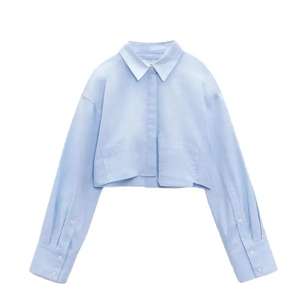 xakxx -  new women's fashionable and slim temperament retro temperament pocket poplin short shirt