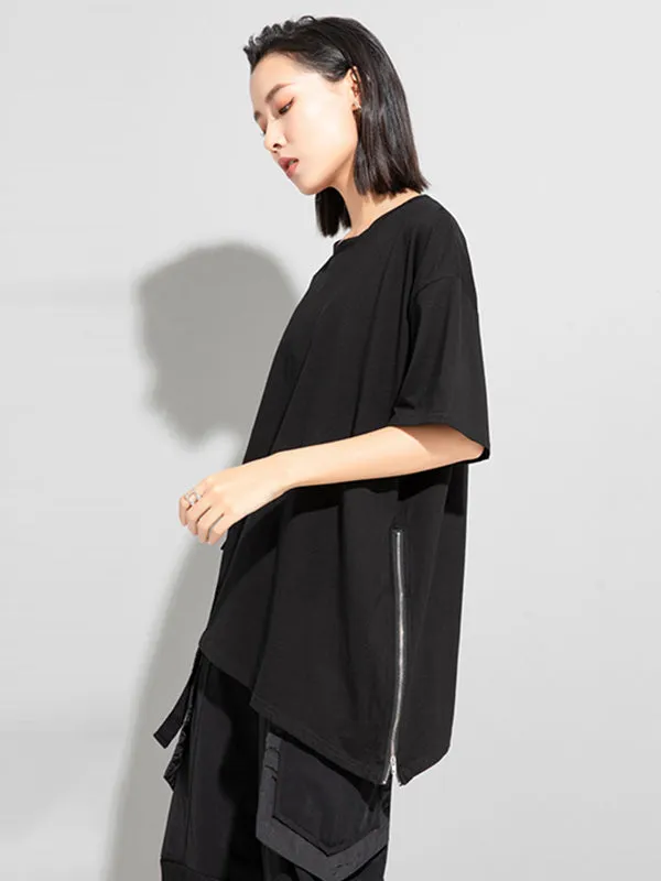 xakxx Stylish Loose Pocket Split-Joint Irregular Black T-Shirt