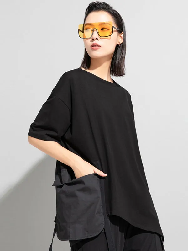 xakxx Stylish Loose Pocket Split-Joint Irregular Black T-Shirt
