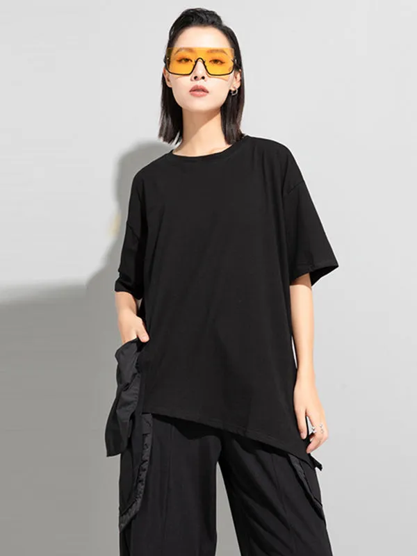 xakxx Stylish Loose Pocket Split-Joint Irregular Black T-Shirt