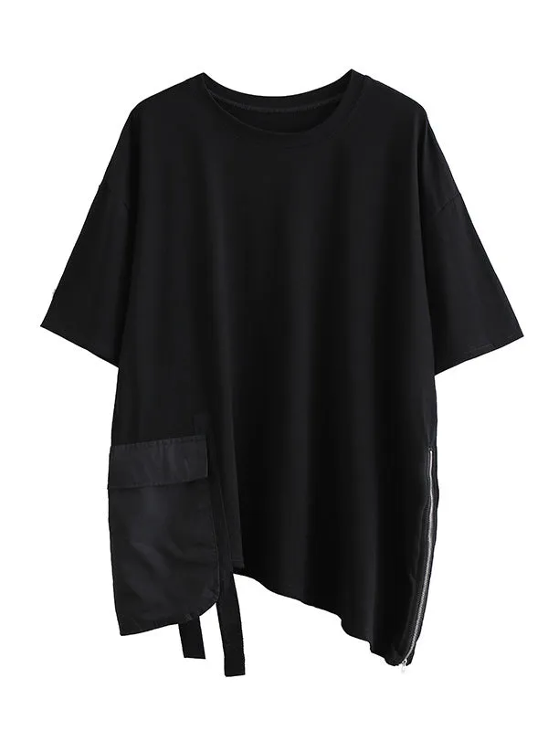 xakxx Stylish Loose Pocket Split-Joint Irregular Black T-Shirt