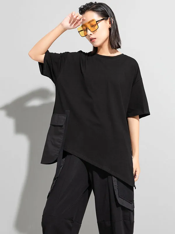 xakxx Stylish Loose Pocket Split-Joint Irregular Black T-Shirt