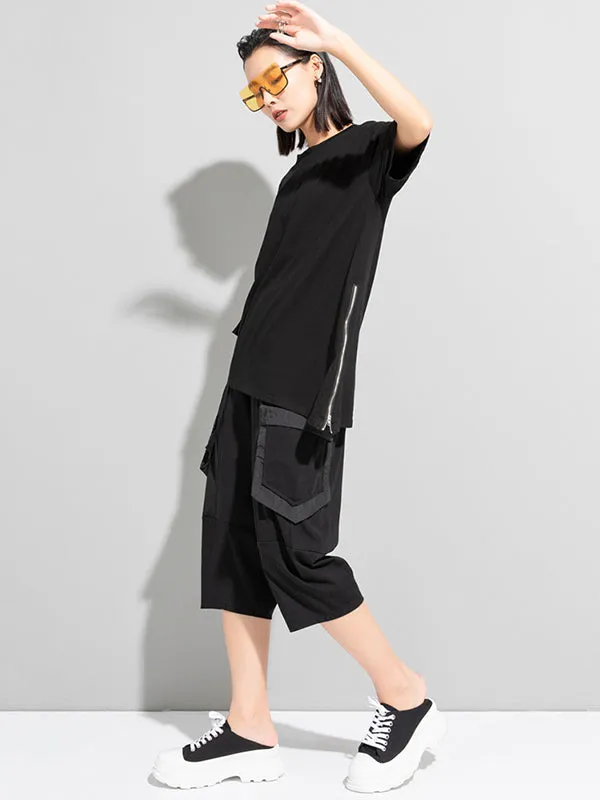 xakxx Stylish Loose Pocket Split-Joint Irregular Black T-Shirt