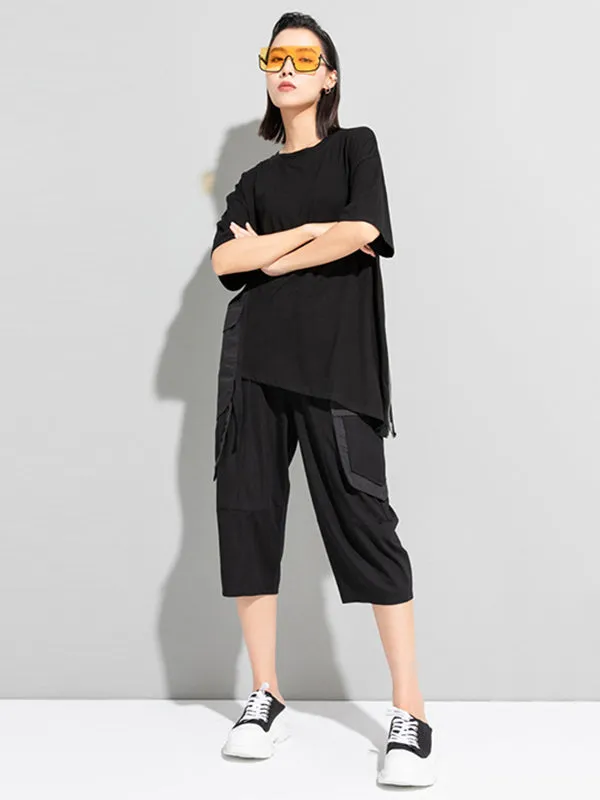 xakxx Stylish Loose Pocket Split-Joint Irregular Black T-Shirt