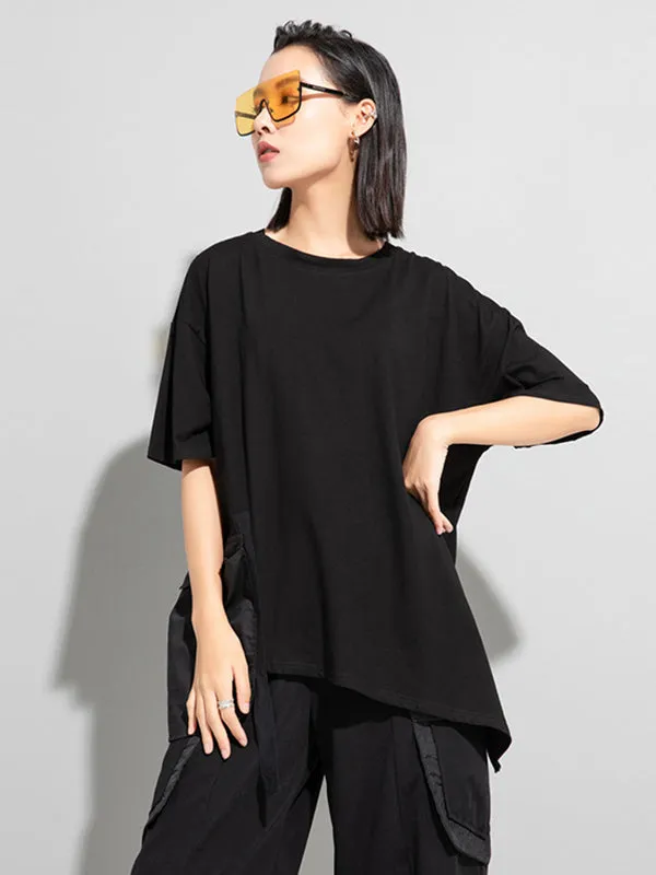 xakxx Stylish Loose Pocket Split-Joint Irregular Black T-Shirt