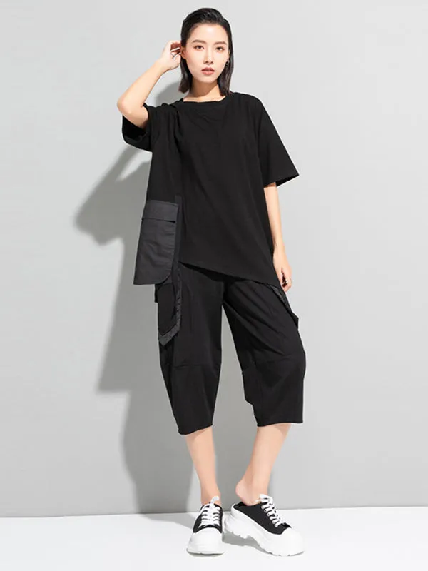 xakxx Stylish Loose Pocket Split-Joint Irregular Black T-Shirt