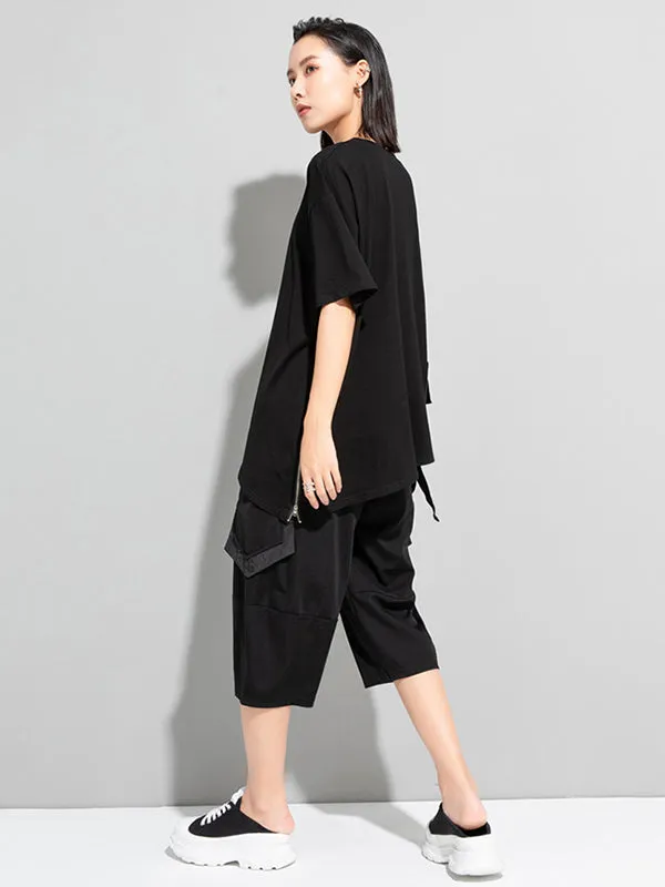 xakxx Stylish Loose Pocket Split-Joint Irregular Black T-Shirt