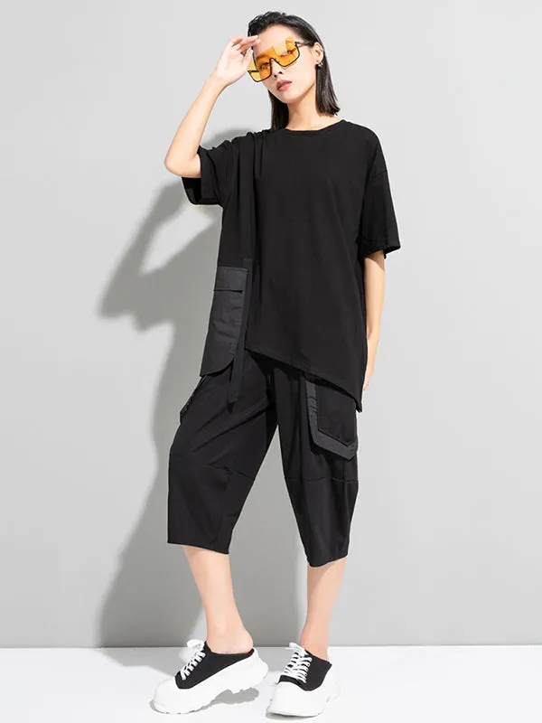 xakxx Stylish Loose Pocket Split-Joint Irregular Black T-Shirt