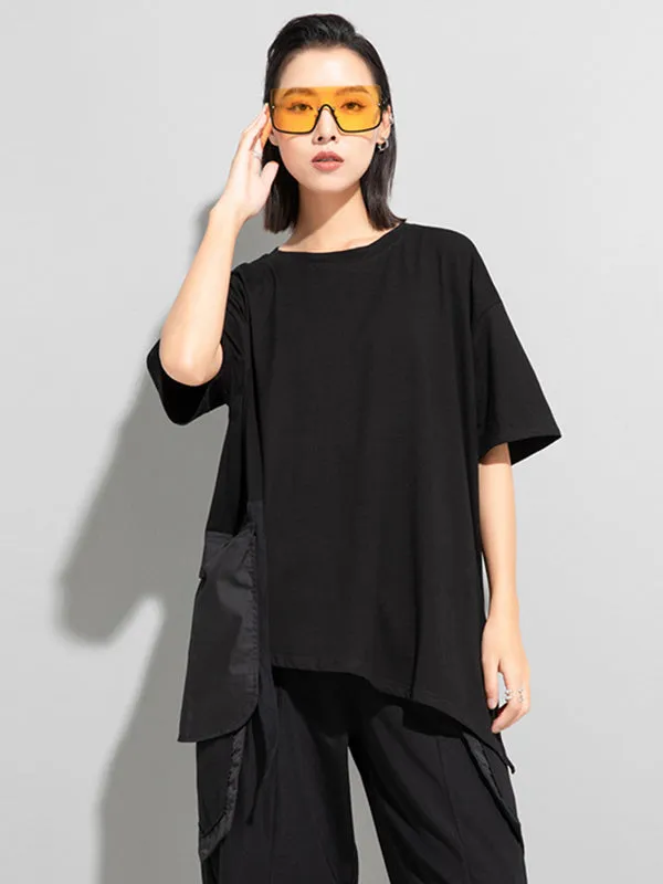 xakxx Stylish Loose Pocket Split-Joint Irregular Black T-Shirt