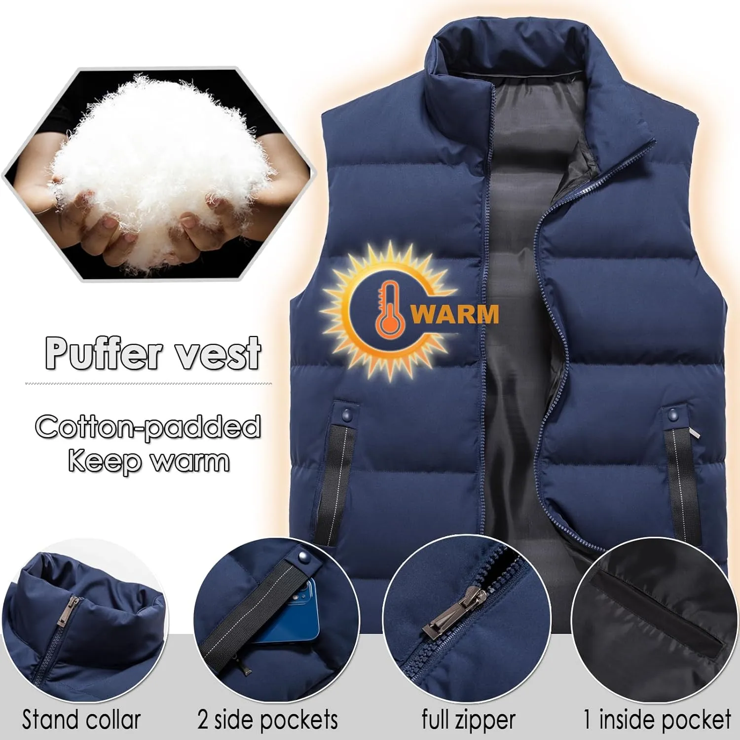 XinYangNi Mens Puffer Vest Quilted Outerwear Winter Warm Down Puffy Vests Lightweight Casual Padded Jacket