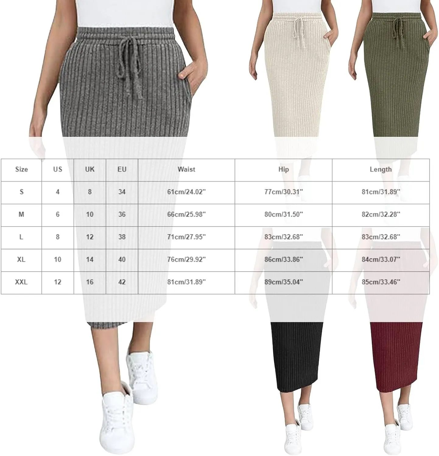 XOWRTE Women's Ribbed Knit Bodycon Maxi Skirt High Waisted Spring Fall Pencil Long Skirts Elastic High Waisted Midi Skirt