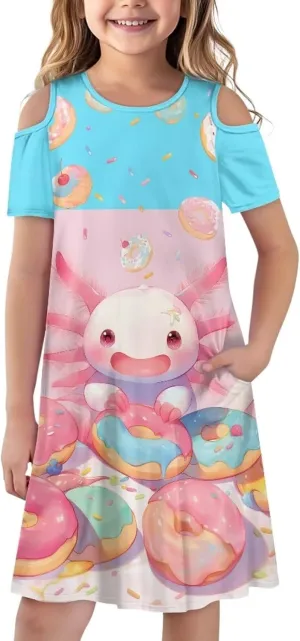 Xpyiqun Dresses for Gilrs 3-14 Summer Kids School A Line Swing Party Dress Off-Shoulder Short Sleeve Dresses