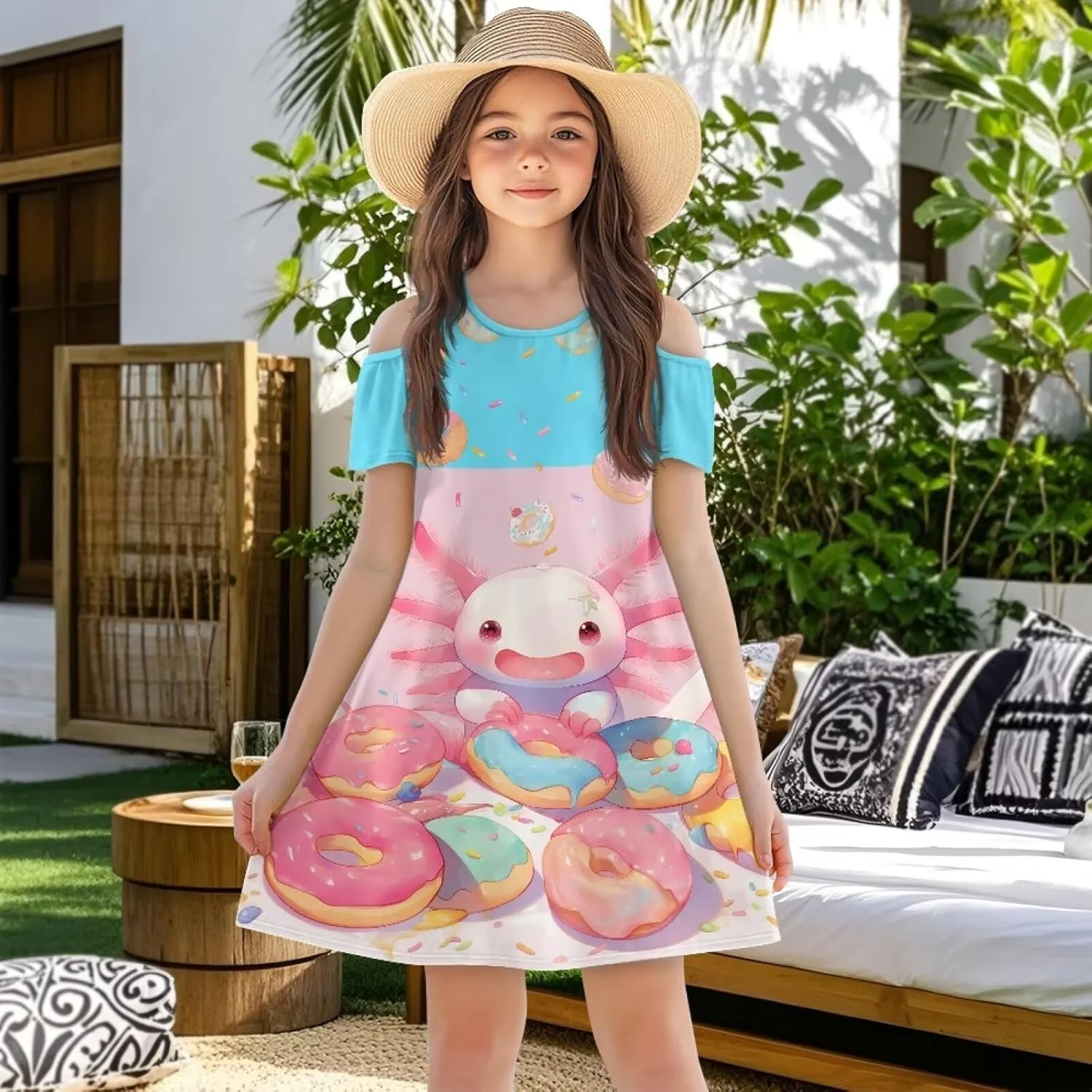 Xpyiqun Dresses for Gilrs 3-14 Summer Kids School A Line Swing Party Dress Off-Shoulder Short Sleeve Dresses
