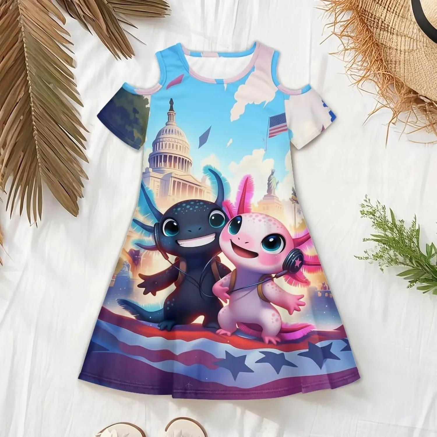 Xpyiqun Dresses for Gilrs 3-14 Summer Kids School A Line Swing Party Dress Off-Shoulder Short Sleeve Dresses