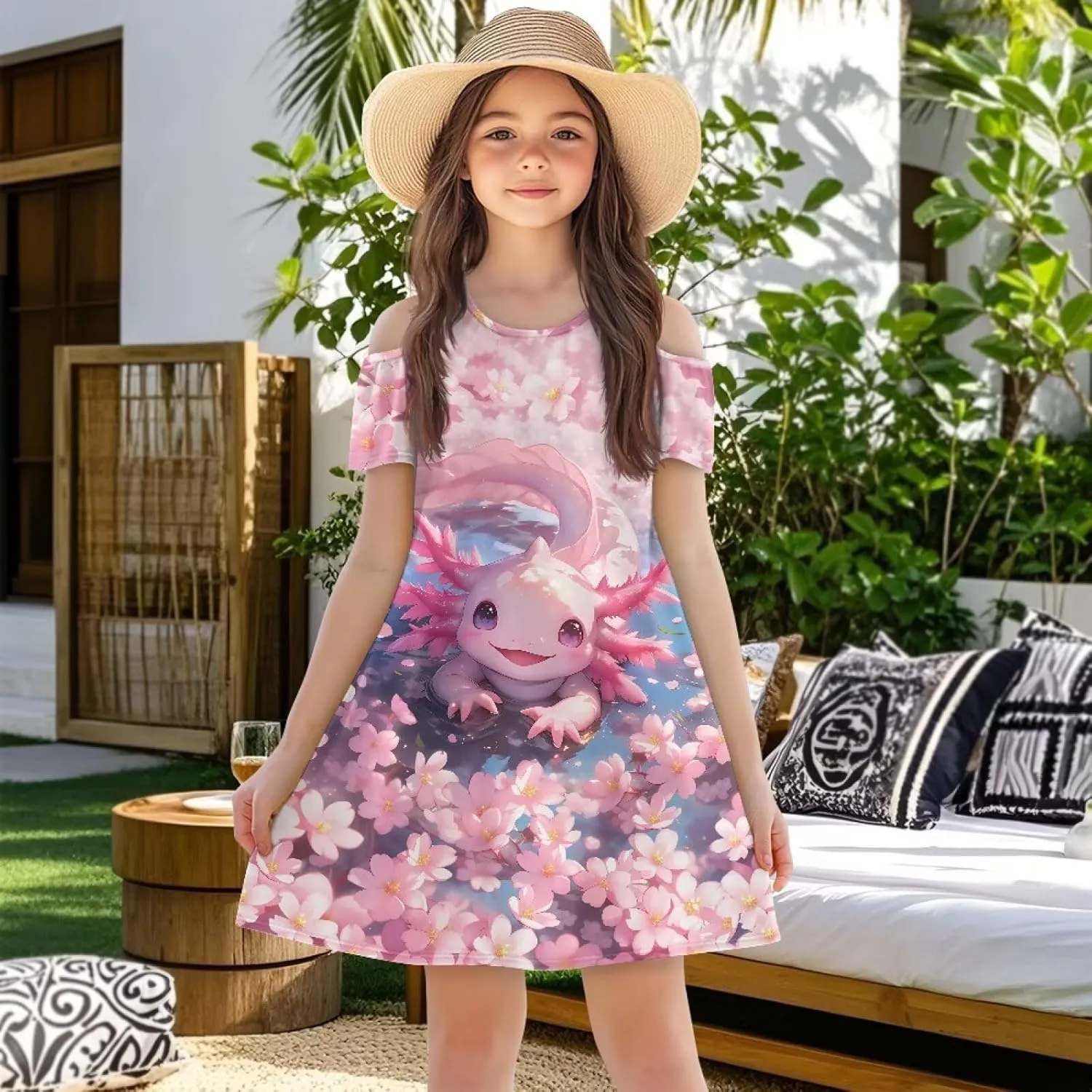 Xpyiqun Dresses for Gilrs 3-14 Summer Kids School A Line Swing Party Dress Off-Shoulder Short Sleeve Dresses
