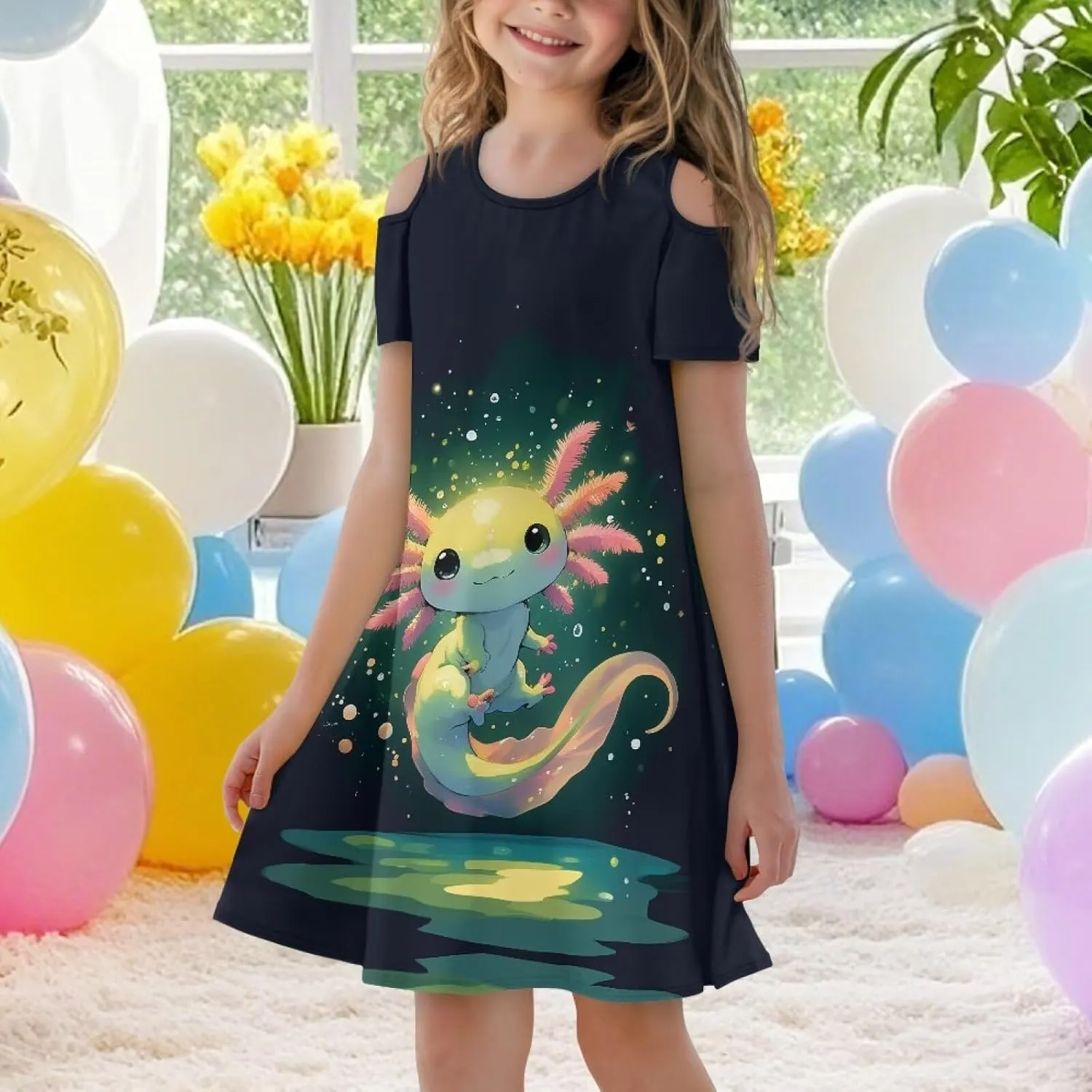 Xpyiqun Dresses for Gilrs 3-14 Summer Kids School A Line Swing Party Dress Off-Shoulder Short Sleeve Dresses