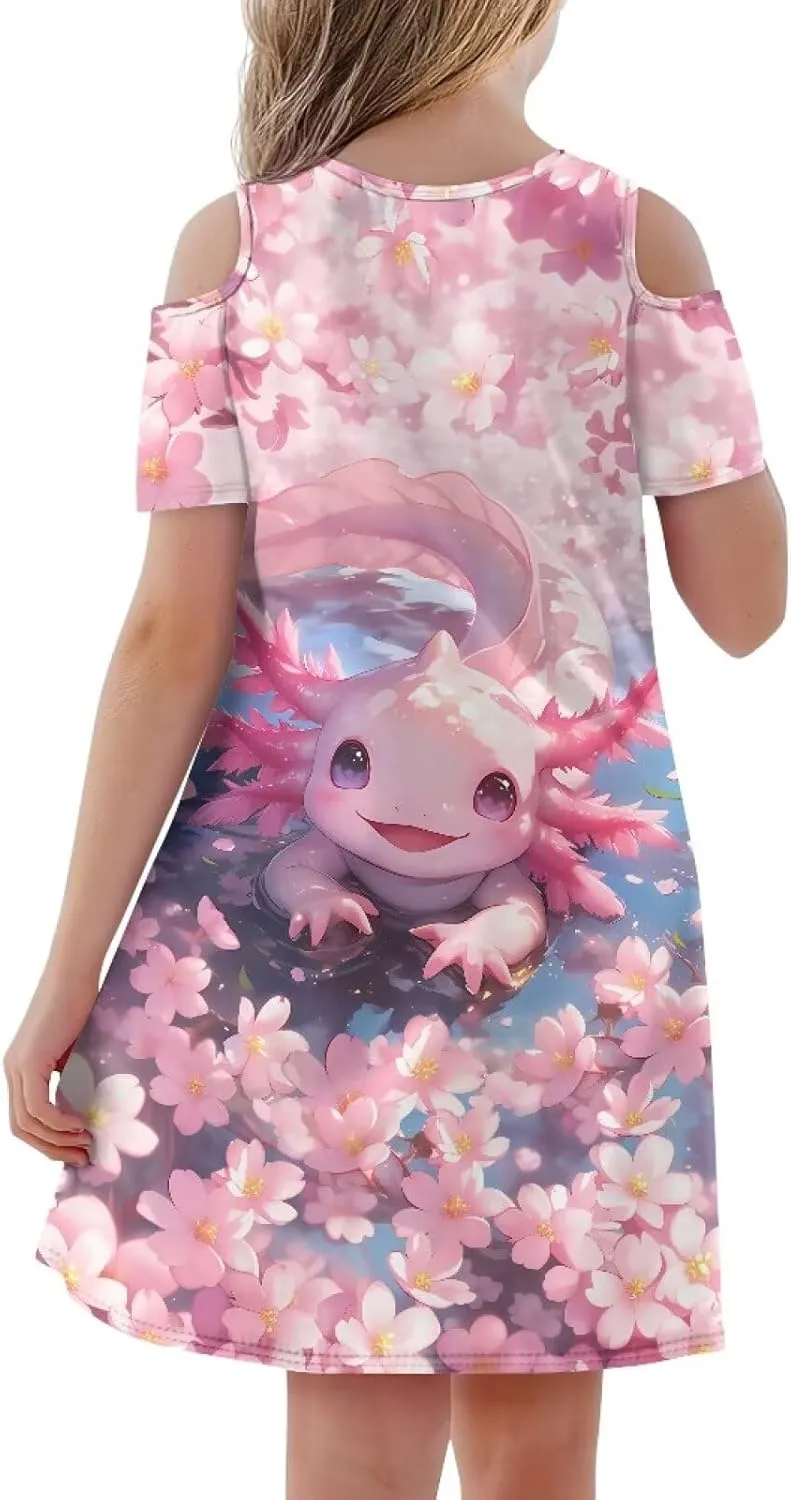 Xpyiqun Dresses for Gilrs 3-14 Summer Kids School A Line Swing Party Dress Off-Shoulder Short Sleeve Dresses