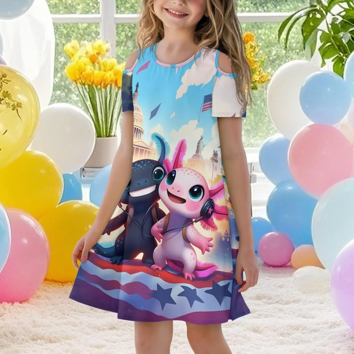 Xpyiqun Dresses for Gilrs 3-14 Summer Kids School A Line Swing Party Dress Off-Shoulder Short Sleeve Dresses