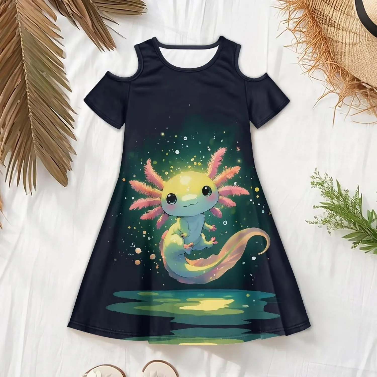 Xpyiqun Dresses for Gilrs 3-14 Summer Kids School A Line Swing Party Dress Off-Shoulder Short Sleeve Dresses