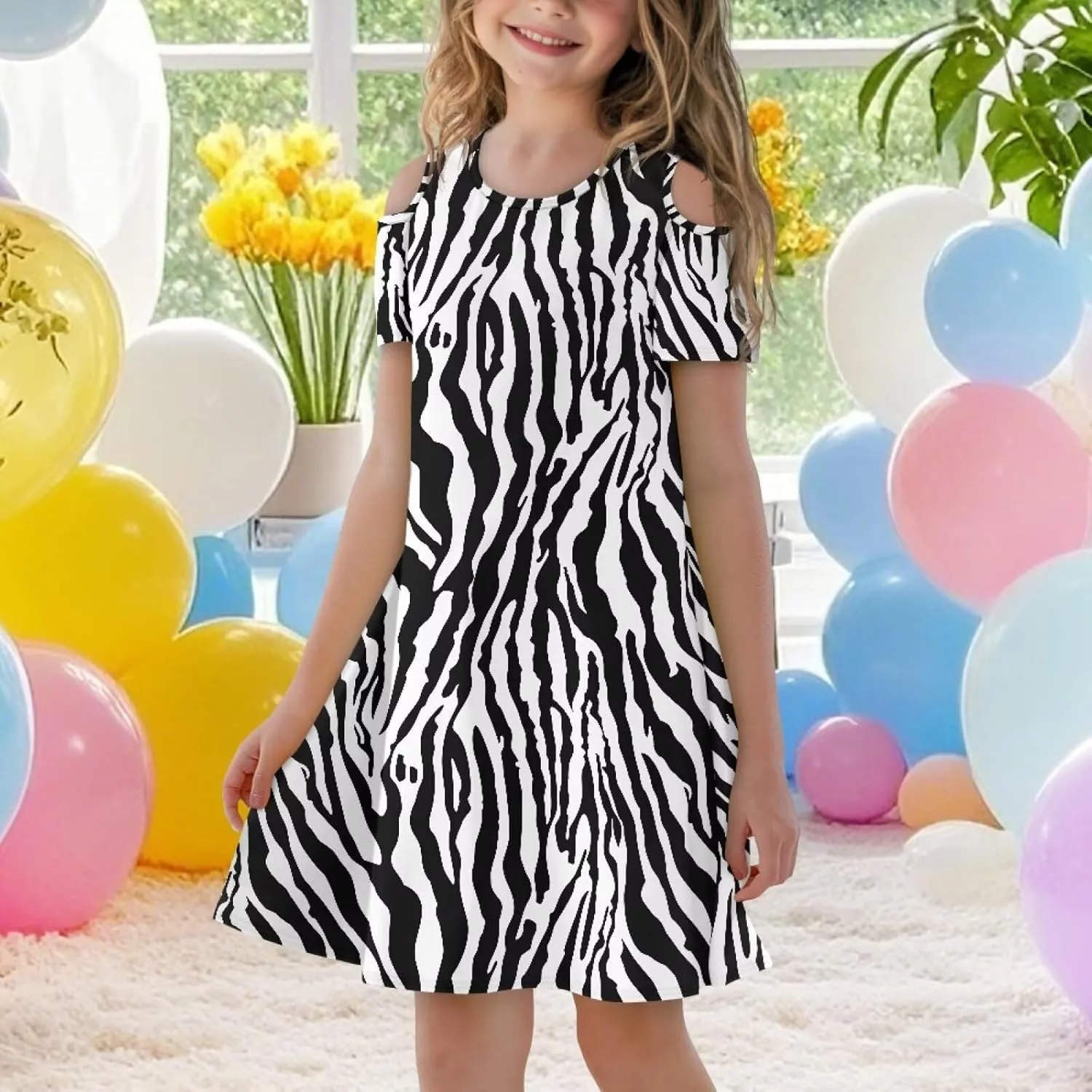 Xpyiqun Dresses for Gilrs 3-14 Summer Kids School A Line Swing Party Dress Off-Shoulder Short Sleeve Dresses
