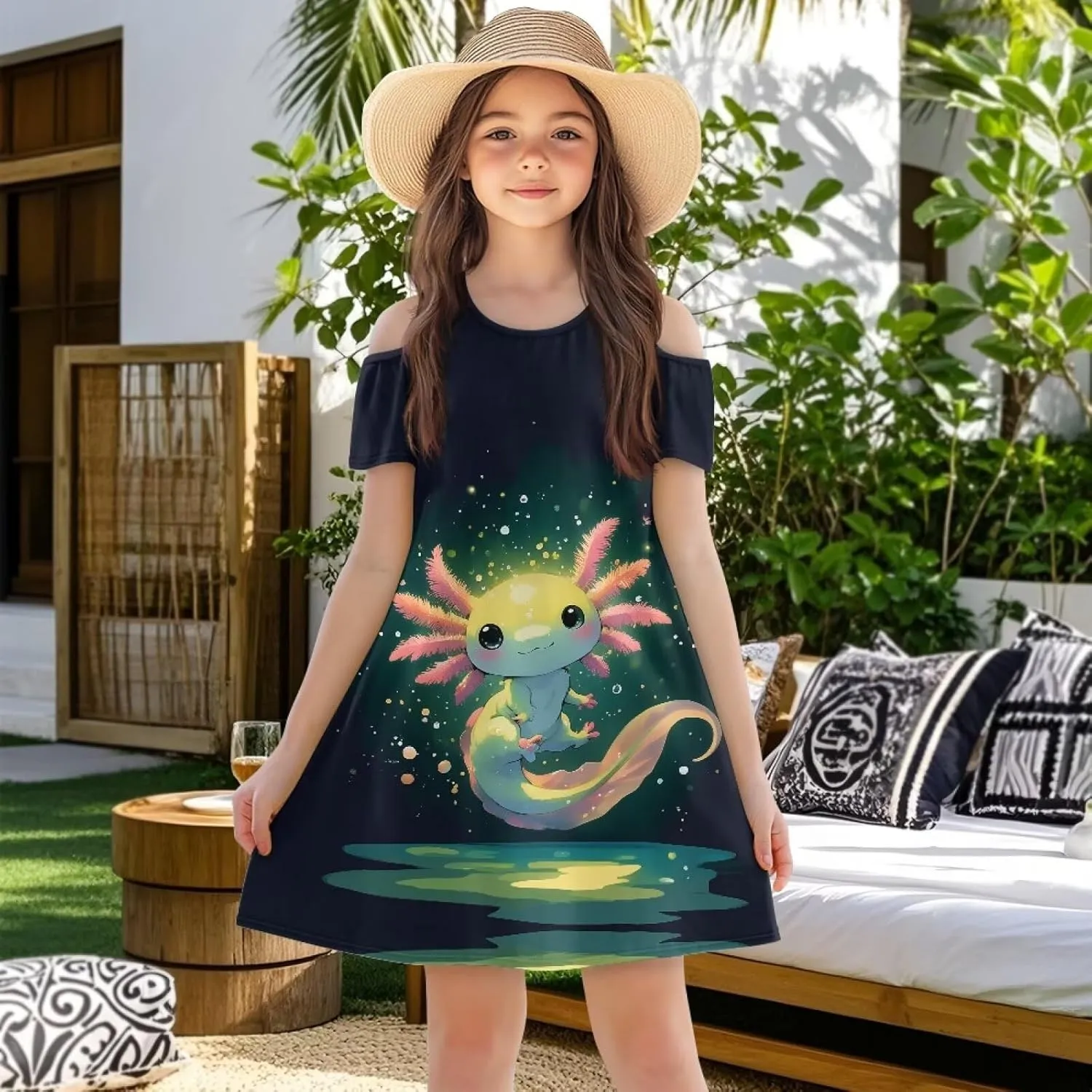 Xpyiqun Dresses for Gilrs 3-14 Summer Kids School A Line Swing Party Dress Off-Shoulder Short Sleeve Dresses