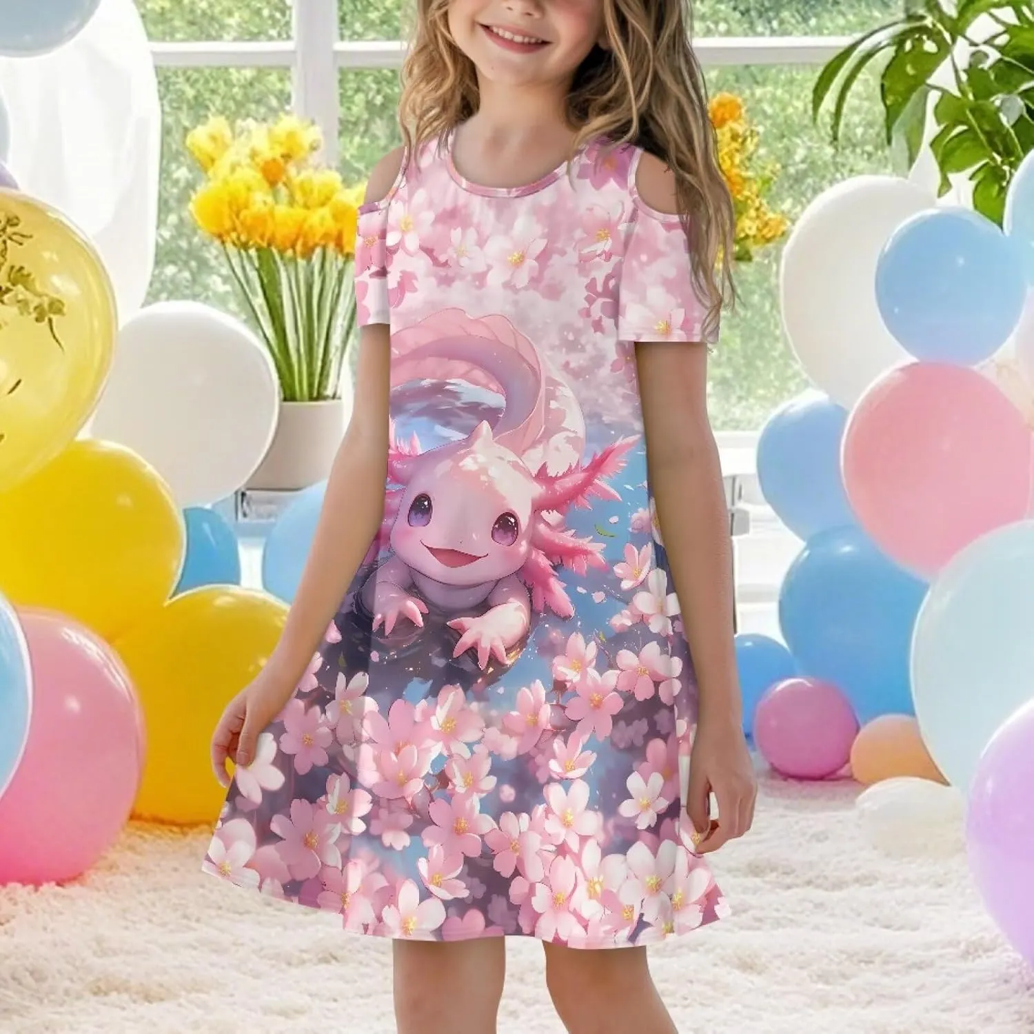 Xpyiqun Dresses for Gilrs 3-14 Summer Kids School A Line Swing Party Dress Off-Shoulder Short Sleeve Dresses