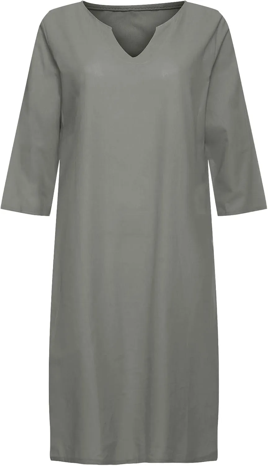XUNRYAN Summer Linen Dresses Women 2023 Trendy Casual V Neck Half Sleeve Knee Length Dress Mature Ladies Fashion Clothing