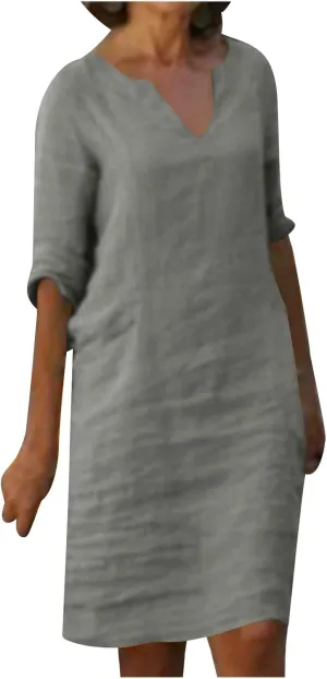 XUNRYAN Summer Linen Dresses Women 2023 Trendy Casual V Neck Half Sleeve Knee Length Dress Mature Ladies Fashion Clothing