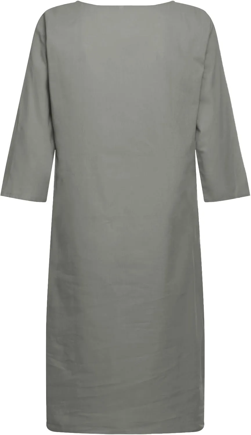 XUNRYAN Summer Linen Dresses Women 2023 Trendy Casual V Neck Half Sleeve Knee Length Dress Mature Ladies Fashion Clothing