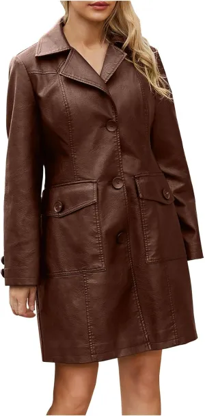 XUNRYAN Women Faux-Leather Jackets Long Trench Coat Elegant Notch Lapel Peacoat Motorcycle PU Moto Biker Slim Fit Coat