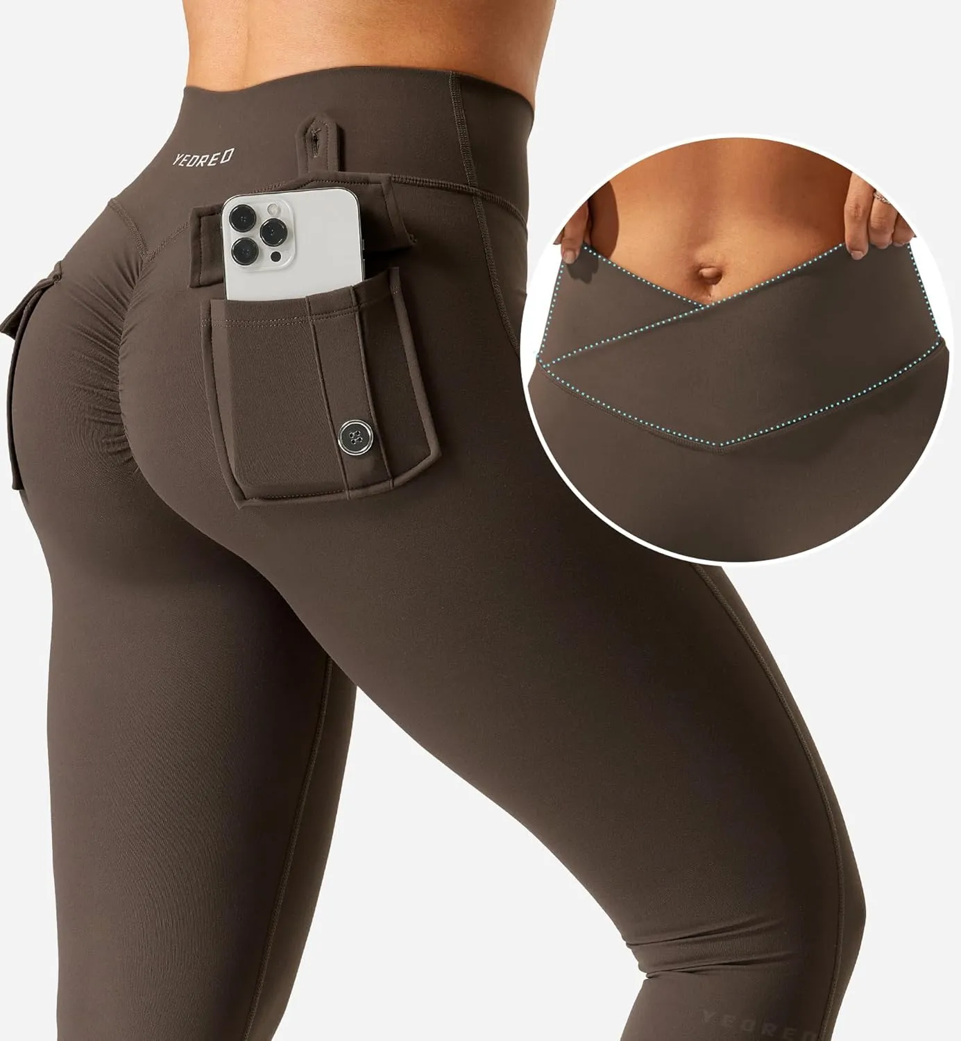 YEOREO CoreFlex Leggings with Pockets for Women Charm Scrunch Workout Leggings V Cross Waist Butt Lifting Gym Yoga Pants