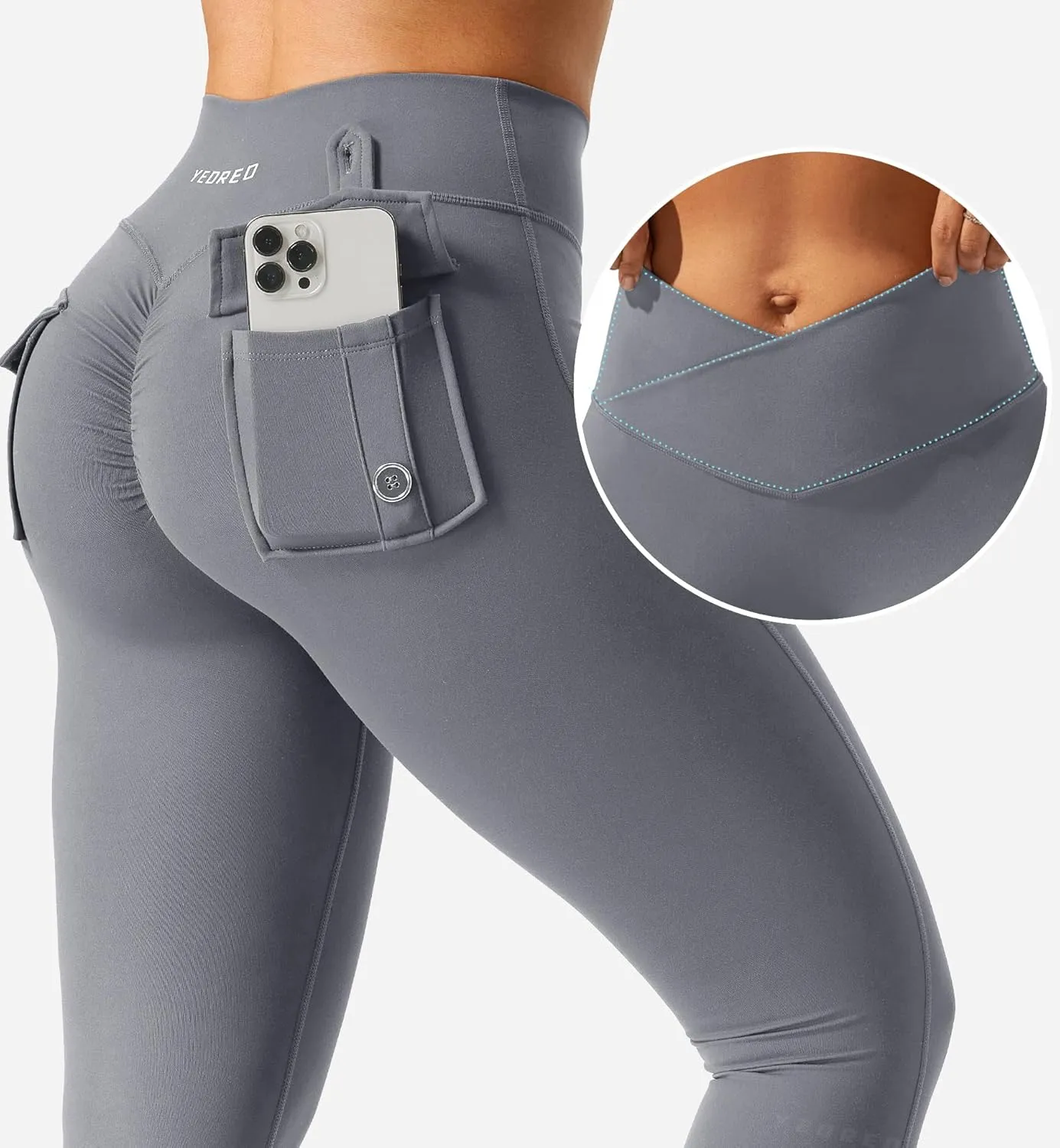 YEOREO CoreFlex Leggings with Pockets for Women Charm Scrunch Workout Leggings V Cross Waist Butt Lifting Gym Yoga Pants