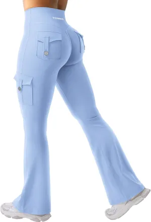 YEOREO CoreFlex Women Workout Flare Leggings with Pockets Hidden Scrunch High Waisted Cargo Gym Yoga No Front Seam Leggings