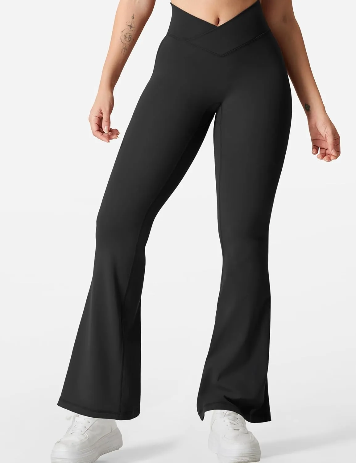 YEOREO Kalie Flare Scrunch Leggings for Women V Cross Waist Bell Bottom Yoga Pants Tummy Control Bootcut Workout Leggings